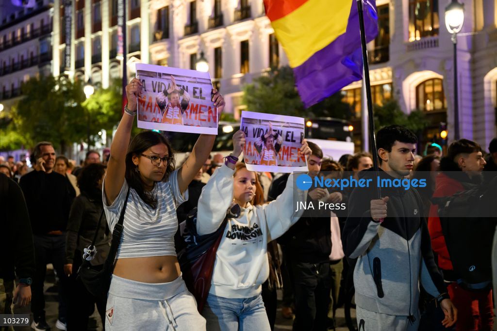 MADRID, SPAIN, OCTOBER 8, 2026: Thousands of people march through central Madrid in memory of Maricarmen Abascal, an 87-year-old woman who died on October 7, two weeks after being evicted from the apartment where she had lived for 71 years. Organized by the Sindicato de Inquilinas de Madrid, the march began at Puerta del Sol and ended outside Abascal's former home in the Retiro district. Around 20,000 people participated, according to the Spanish government's delegation in Madrid. Abascal's eviction on September 23 sparked widespread housing protests and encampments across Spain, with demonstrators demanding stronger tenant protections and measures against evictions. Photo by Tomas Calle / JNA Press. (Photo by Tomas Calle/JNA Press via Nexpher Images)