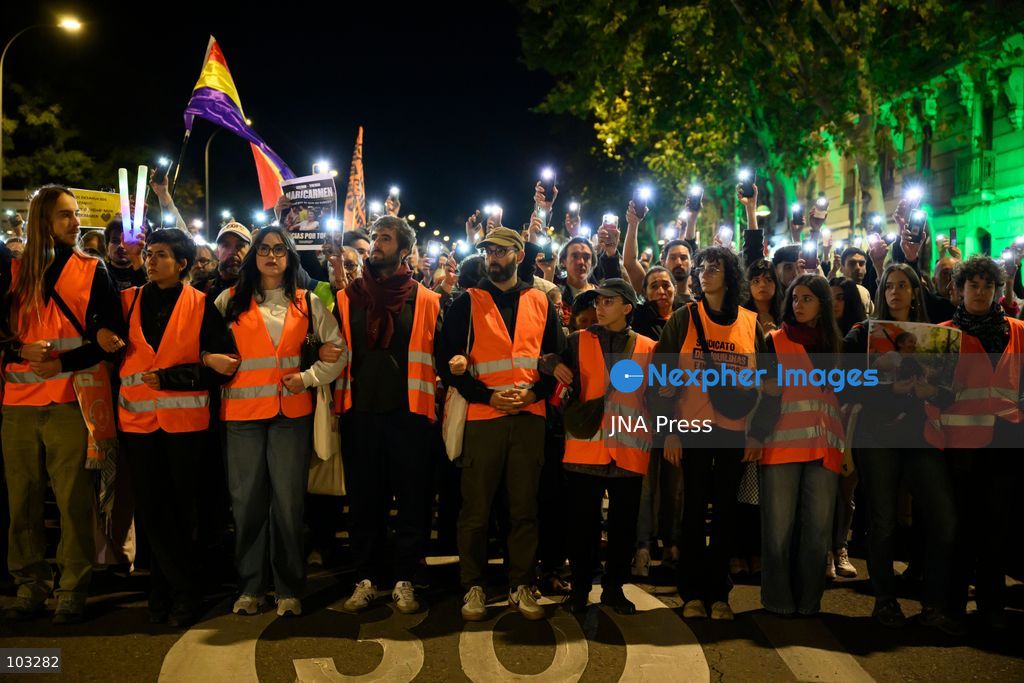 MADRID, SPAIN, OCTOBER 8, 2026: Thousands of people march through central Madrid in memory of Maricarmen Abascal, an 87-year-old woman who died on October 7, two weeks after being evicted from the apartment where she had lived for 71 years. Organized by the Sindicato de Inquilinas de Madrid, the march began at Puerta del Sol and ended outside Abascal's former home in the Retiro district. Around 20,000 people participated, according to the Spanish government's delegation in Madrid. Abascal's eviction on September 23 sparked widespread housing protests and encampments across Spain, with demonstrators demanding stronger tenant protections and measures against evictions. Photo by Tomas Calle / JNA Press. (Photo by Tomas Calle/JNA Press via Nexpher Images)