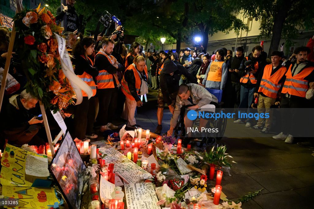 MADRID, SPAIN, OCTOBER 8, 2026: Thousands of people march through central Madrid in memory of Maricarmen Abascal, an 87-year-old woman who died on October 7, two weeks after being evicted from the apartment where she had lived for 71 years. Organized by the Sindicato de Inquilinas de Madrid, the march began at Puerta del Sol and ended outside Abascal's former home in the Retiro district. Around 20,000 people participated, according to the Spanish government's delegation in Madrid. Abascal's eviction on September 23 sparked widespread housing protests and encampments across Spain, with demonstrators demanding stronger tenant protections and measures against evictions. Photo by Tomas Calle / JNA Press. (Photo by Tomas Calle/JNA Press via Nexpher Images)