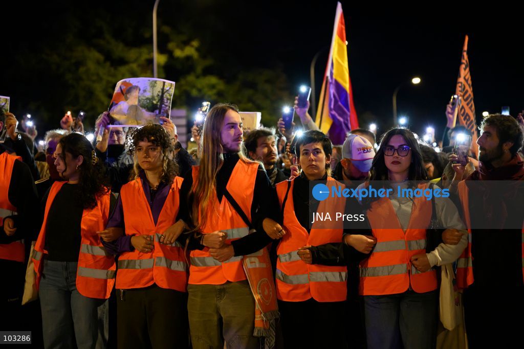 MADRID, SPAIN, OCTOBER 8, 2026: Thousands of people march through central Madrid in memory of Maricarmen Abascal, an 87-year-old woman who died on October 7, two weeks after being evicted from the apartment where she had lived for 71 years. Organized by the Sindicato de Inquilinas de Madrid, the march began at Puerta del Sol and ended outside Abascal's former home in the Retiro district. Around 20,000 people participated, according to the Spanish government's delegation in Madrid. Abascal's eviction on September 23 sparked widespread housing protests and encampments across Spain, with demonstrators demanding stronger tenant protections and measures against evictions. Photo by Tomas Calle / JNA Press. (Photo by Tomas Calle/JNA Press via Nexpher Images)