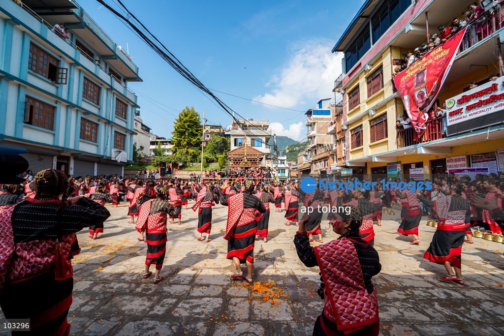 Kathmandu, NEPAL, October 8, 2026: Local performers perform the traditional Newari Dhime dance during Shree Harishankar Jatra in Pharping, Kathmandu, Nepal. The dance reflects the rich cultural heritage and traditions of the Newar community. (Photo by ap tolang/Nexpher Images)