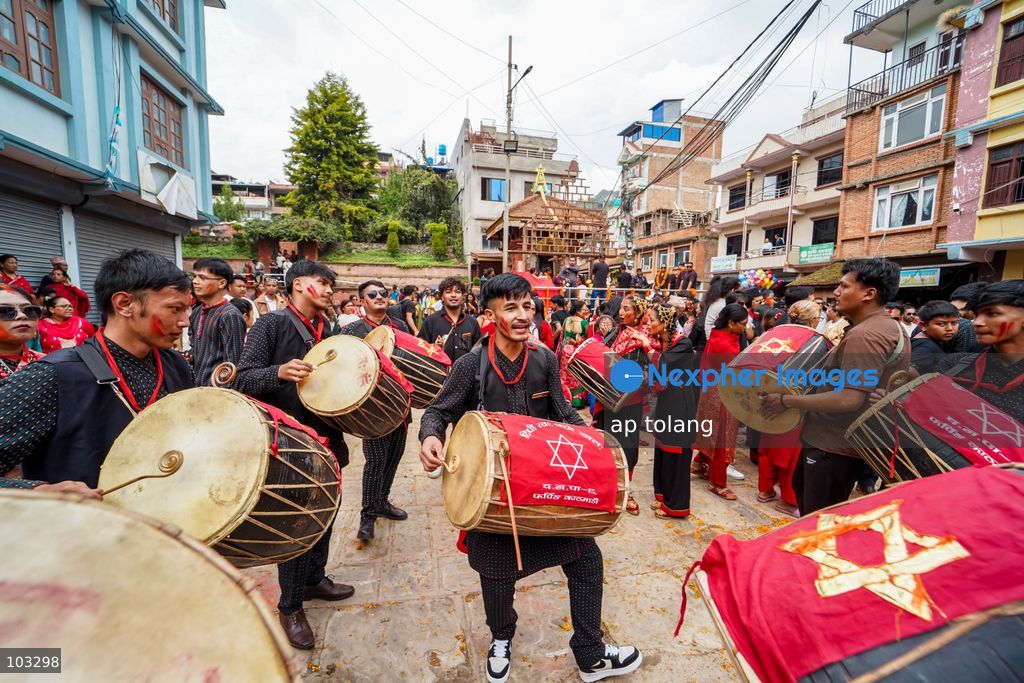Kathmandu, NEPAL, October 8, 2026: Local performers perform the traditional Newari Dhime dance during Shree Harishankar Jatra in Pharping, Kathmandu, Nepal. The dance reflects the rich cultural heritage and traditions of the Newar community. (Photo by ap tolang/Nexpher Images)
