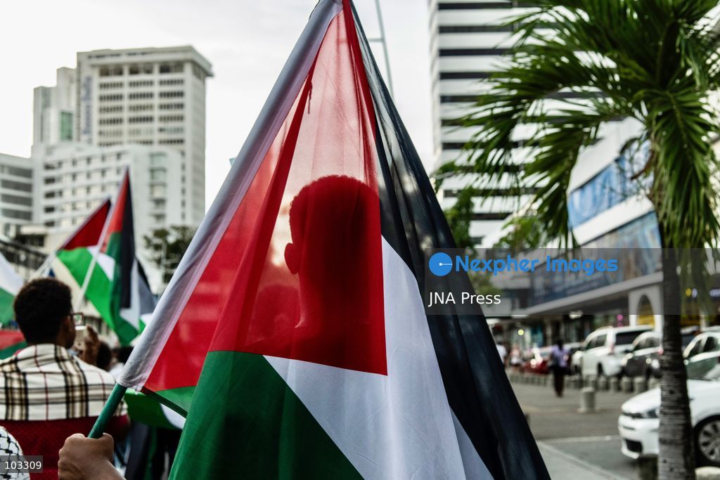 PANAMA CITY, PANAMA, OCTOBER 8, 2026: Pro-Palestinian demonstrators march through central Panama City despite heavy rain, carrying Palestinian flags and banners and chanting in solidarity with Palestinians in Gaza. Participants denounced Israel's military campaign in Gaza and called for an end to the war as they marched through the city center. Photo by Andres Trujillo / JNA Press. (Photo by Andrés Trujillo/JNA Press via Nexpher Images)