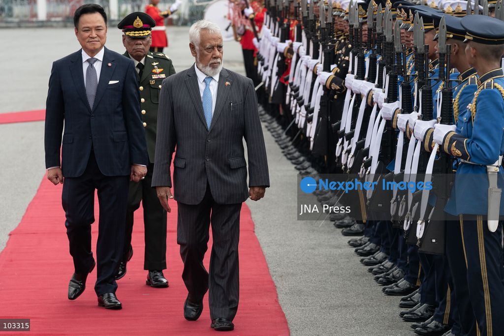 BANGKOK, THAILAND, OCTOBER 9, 2026: Thai Prime Minister Anutin Charnvirakul welcomes Timor-Leste Prime Minister Kay Rala Xanana Gusmao during an official ceremony at Government House in Bangkok. Gusmao is visiting Thailand on October 9 and 10 at Anutin's invitation, marking the first official visit by a Timor-Leste prime minister in 13 years and the first since the country became ASEAN's 11th member in October 2025. The visit includes bilateral discussions on trade, investment, security and regional cooperation. Photo by Watsawat Koktabtim / JNA Press. (Photo by Watsawat Koktabtim/JNA Press via Nexpher Images)