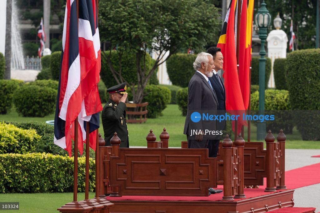 BANGKOK, THAILAND, OCTOBER 9, 2026: Thai Prime Minister Anutin Charnvirakul welcomes Timor-Leste Prime Minister Kay Rala Xanana Gusmao during an official ceremony at Government House in Bangkok. Gusmao is visiting Thailand on October 9 and 10 at Anutin's invitation, marking the first official visit by a Timor-Leste prime minister in 13 years and the first since the country became ASEAN's 11th member in October 2025. The visit includes bilateral discussions on trade, investment, security and regional cooperation. Photo by Watsawat Koktabtim / JNA Press. (Photo by Watsawat Koktabtim/JNA Press via Nexpher Images)