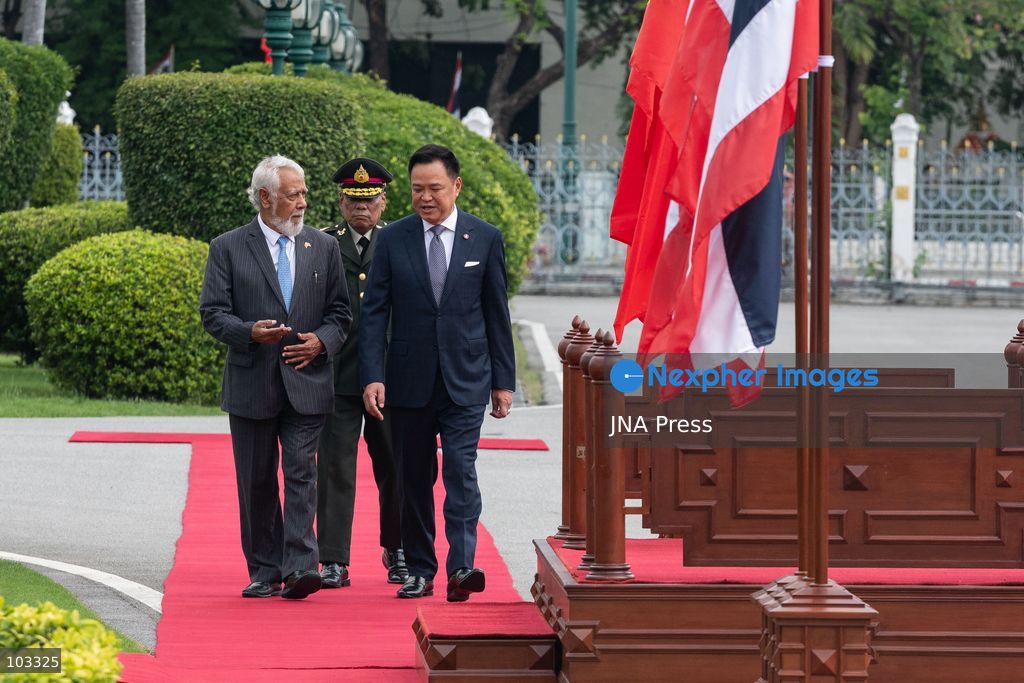 BANGKOK, THAILAND, OCTOBER 9, 2026: Thai Prime Minister Anutin Charnvirakul welcomes Timor-Leste Prime Minister Kay Rala Xanana Gusmao during an official ceremony at Government House in Bangkok. Gusmao is visiting Thailand on October 9 and 10 at Anutin's invitation, marking the first official visit by a Timor-Leste prime minister in 13 years and the first since the country became ASEAN's 11th member in October 2025. The visit includes bilateral discussions on trade, investment, security and regional cooperation. Photo by Watsawat Koktabtim / JNA Press. (Photo by Watsawat Koktabtim/JNA Press via Nexpher Images)