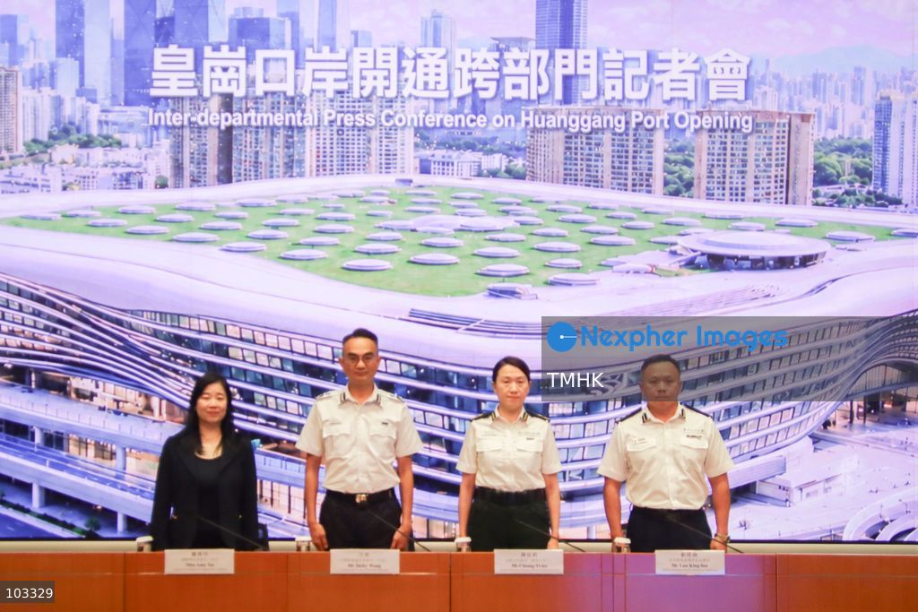 Transport Department Assistant Commissioner (New Territories) Amy Tse Sen-yee, Immigration Department Assistant Director (Control) Jacky Wong Ki, Customs and Excise Department Assistant Commissioner (Boundary and Ports) Chiang Yi-lee, and Hong Kong Police Force Border District Commander Alan Lau King-lun (from left to right) pose for photographs ahead of a joint press conference on the opening arrangements for the new Huanggang Port at the Central Government Offices in Hong Kong on October 9, 2026. (Photo by Gordon Choi/TMHK via Nexpher Images)