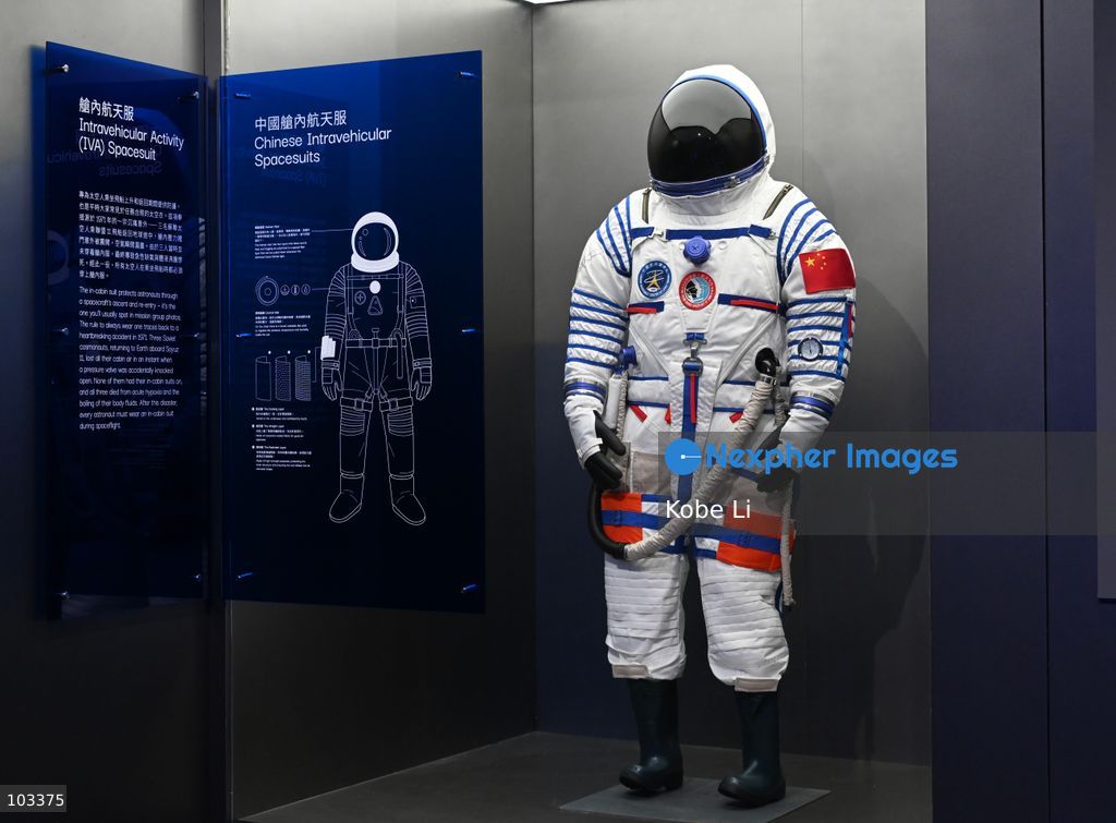 A general view showing Chinese intravehicular spacesuit displaying at "Fly Me to the Moon – A 380,000 km Odyssey" exhibition at K11 MUSEA on October 9, 2026 in Hong Kong. (Photo by Kobe Li/Nexpher Images)