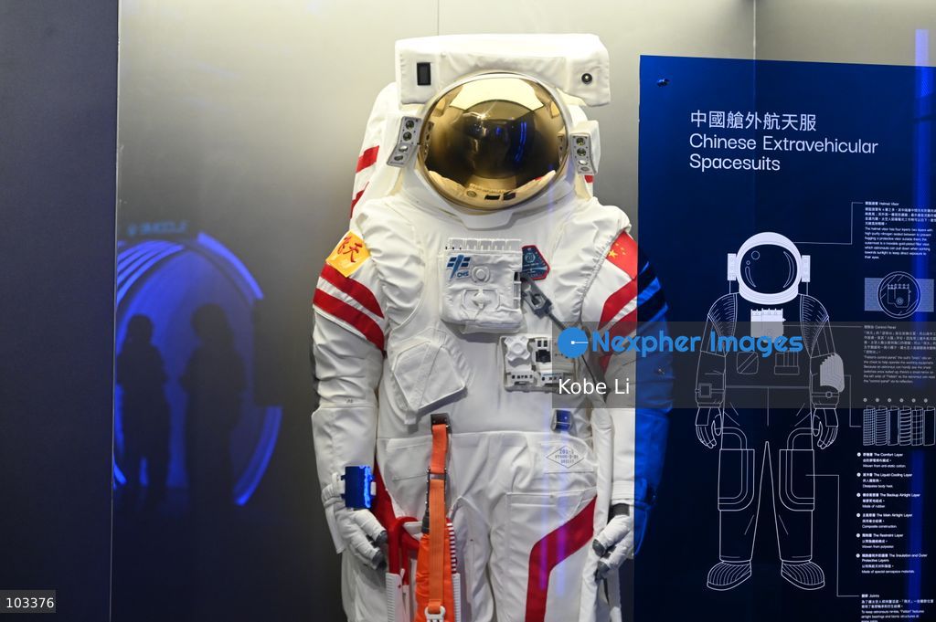 A general view showing Chinese extravehicular spacesuit displaying at "Fly Me to the Moon – A 380,000 km Odyssey" exhibition at K11 MUSEA on October 9, 2026 in Hong Kong. (Photo by Kobe Li/Nexpher Images)