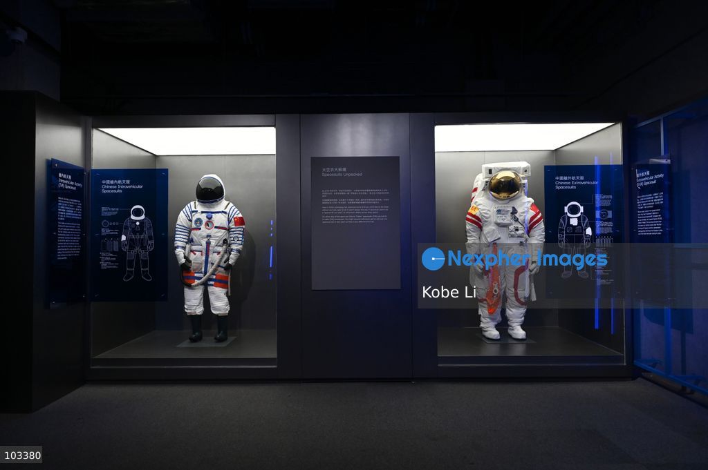 A general view showing Chinese intravehicular spacesuit and Chinese extravehicular spacesuit displaying at "Fly Me to the Moon – A 380,000 km Odyssey" exhibition at K11 MUSEA on October 9, 2026 in Hong Kong. (Photo by Kobe Li/Nexpher Images)