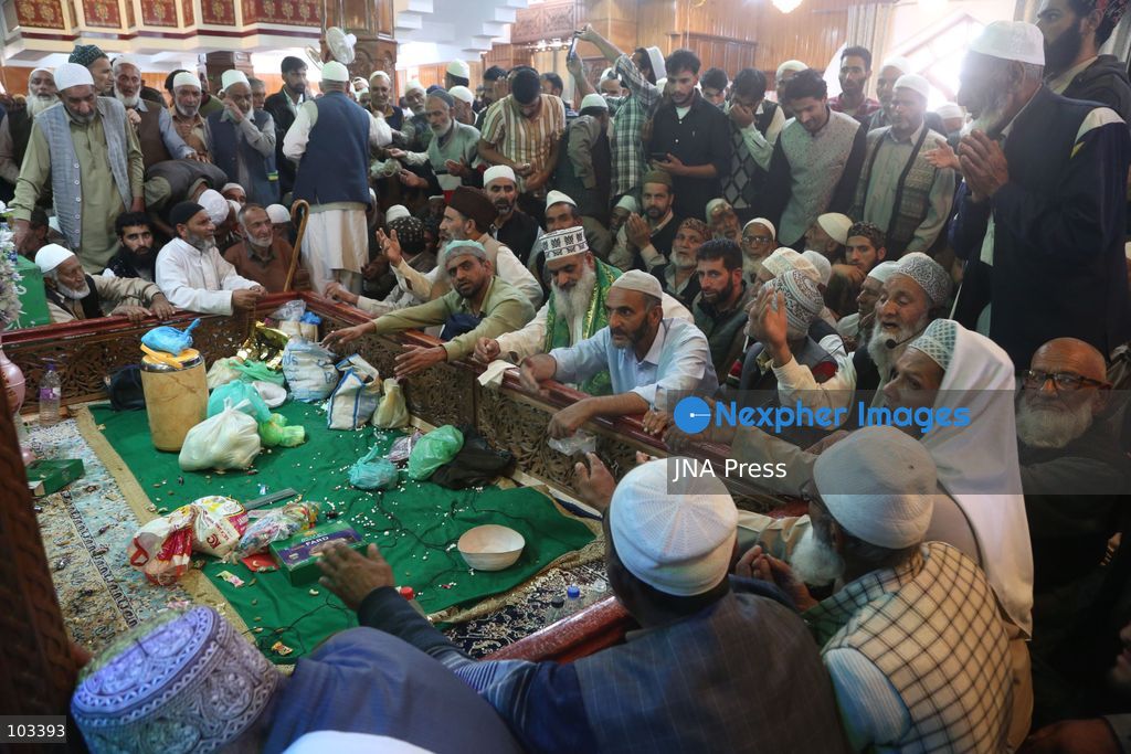 CHARAR-E-SHARIEF, KASHMIR, INDIA, OCTOBER 9, 2026: Devotees gather at the shrine of Sheikh Noor-ud-Din Noorani to offer Friday prayers during the annual Urs commemorating the revered Sufi saint in Charar-e-Sharief, in central Kashmir's Budgam district. Worshippers offered prayers and recited naats and manqabats during the religious gathering as security personnel were deployed around the shrine. Photo by Nisar Ul Haq Allaie / JNA Press. (Photo by Nisar Ul Haq Haq/JNA Press via Nexpher Images)