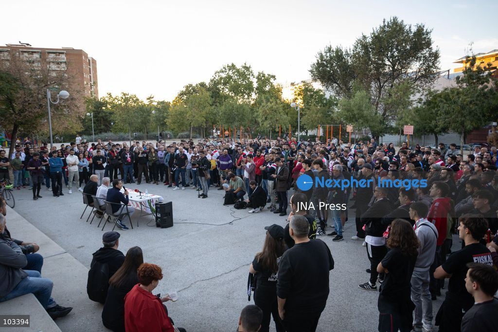 MADRID, SPAIN, OCTOBER 9, 2026: Representatives of Rayo Vallecano supporters’ groups hold a press conference at Parque Juan Jose Garcia Espartero in Madrid under the slogan “SOS Rayo – Salvemos al Rayo” (Save Rayo), raising concerns about the football club’s current situation and calling for measures to protect its future. Jota Vaquerizo and representatives of the Federacion de Penas and Plataforma ADRV participated in the event, highlighting supporters’ demands and their campaign for the club. Photo by Adrian Duran / JNA Press. (Photo by Adrián Durán Mediano/JNA Press via Nexpher Images)