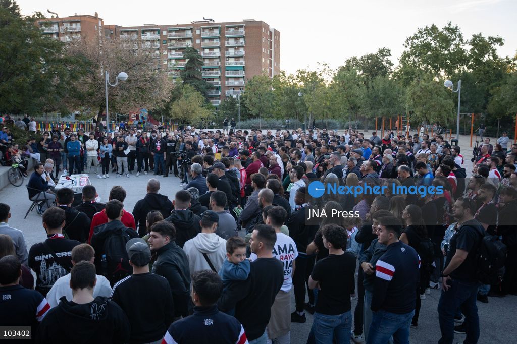 MADRID, SPAIN, OCTOBER 9, 2026: Representatives of Rayo Vallecano supporters’ groups hold a press conference at Parque Juan Jose Garcia Espartero in Madrid under the slogan “SOS Rayo – Salvemos al Rayo” (Save Rayo), raising concerns about the football club’s current situation and calling for measures to protect its future. Jota Vaquerizo and representatives of the Federacion de Penas and Plataforma ADRV participated in the event, highlighting supporters’ demands and their campaign for the club. Photo by Adrian Duran / JNA Press. (Photo by Adrián Durán Mediano/JNA Press via Nexpher Images)