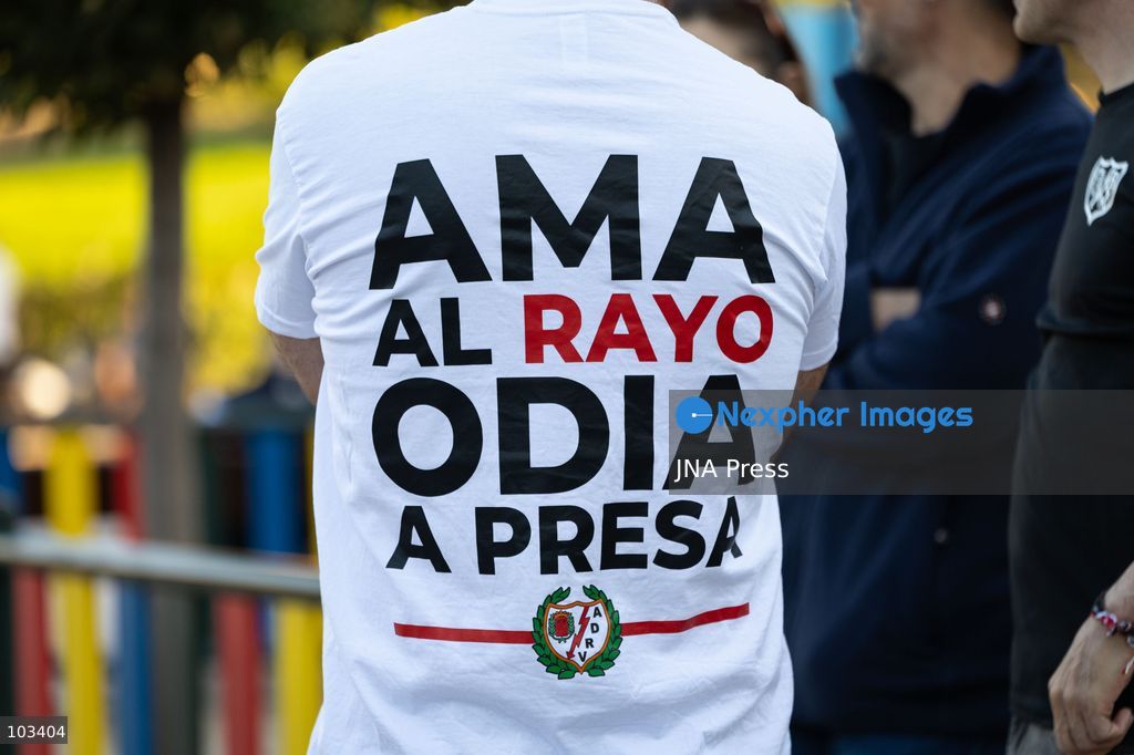 MADRID, SPAIN, OCTOBER 9, 2026: Representatives of Rayo Vallecano supporters’ groups hold a press conference at Parque Juan Jose Garcia Espartero in Madrid under the slogan “SOS Rayo – Salvemos al Rayo” (Save Rayo), raising concerns about the football club’s current situation and calling for measures to protect its future. Jota Vaquerizo and representatives of the Federacion de Penas and Plataforma ADRV participated in the event, highlighting supporters’ demands and their campaign for the club. Photo by Adrian Duran / JNA Press. (Photo by Adrián Durán Mediano/JNA Press via Nexpher Images)