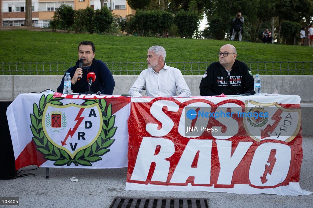 MADRID, SPAIN, OCTOBER 9, 2026: Representatives of Rayo Vallecano supporters’ groups hold a press conference at Parque Juan Jose Garcia Espartero in Madrid under the slogan “SOS Rayo – Salvemos al Rayo” (Save Rayo), raising concerns about the football club’s current situation and calling for measures to protect its future. Jota Vaquerizo and representatives of the Federacion de Penas and Plataforma ADRV participated in the event, highlighting supporters’ demands and their campaign for the club. Photo by Adrian Duran / JNA Press. (Photo by Adrián Durán Mediano/JNA Press via Nexpher Images)