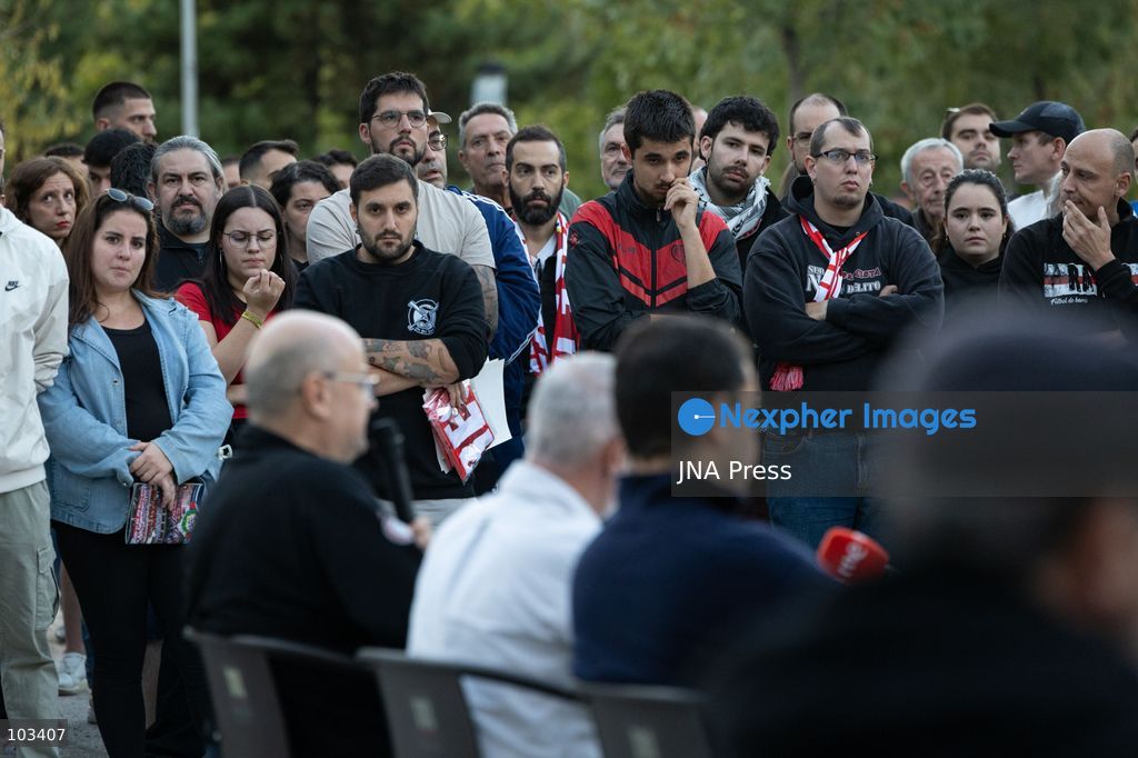 MADRID, SPAIN, OCTOBER 9, 2026: Representatives of Rayo Vallecano supporters’ groups hold a press conference at Parque Juan Jose Garcia Espartero in Madrid under the slogan “SOS Rayo – Salvemos al Rayo” (Save Rayo), raising concerns about the football club’s current situation and calling for measures to protect its future. Jota Vaquerizo and representatives of the Federacion de Penas and Plataforma ADRV participated in the event, highlighting supporters’ demands and their campaign for the club. Photo by Adrian Duran / JNA Press. (Photo by Adrián Durán Mediano/JNA Press via Nexpher Images)