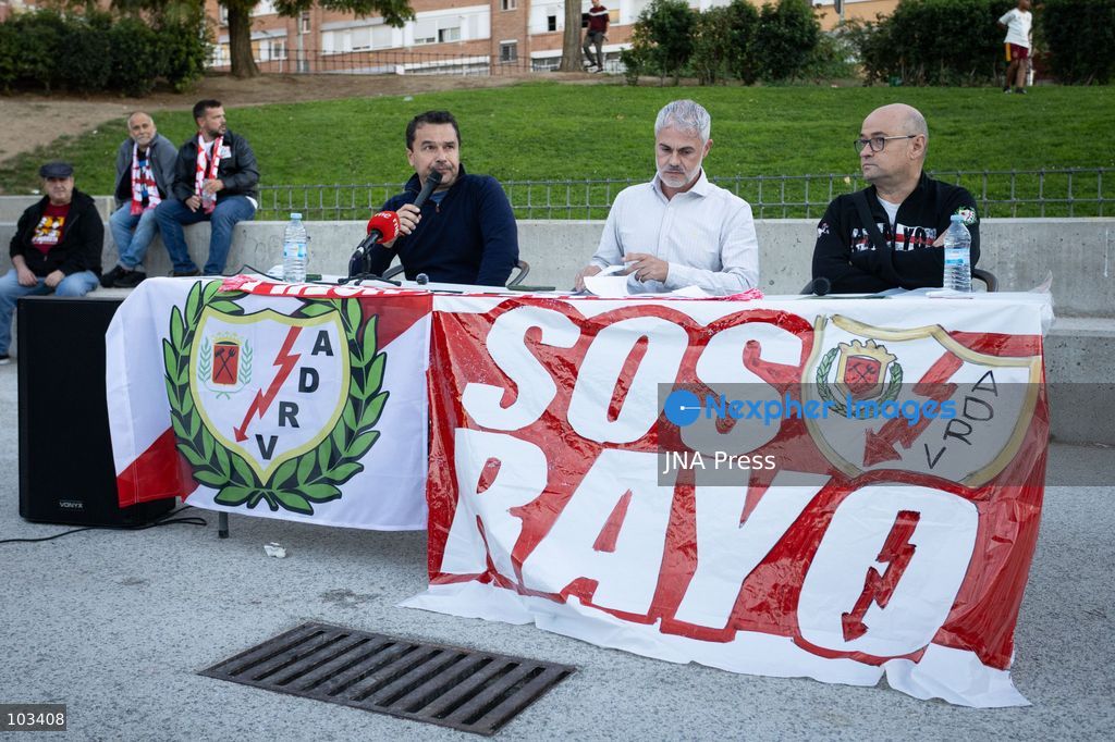MADRID, SPAIN, OCTOBER 9, 2026: Representatives of Rayo Vallecano supporters’ groups hold a press conference at Parque Juan Jose Garcia Espartero in Madrid under the slogan “SOS Rayo – Salvemos al Rayo” (Save Rayo), raising concerns about the football club’s current situation and calling for measures to protect its future. Jota Vaquerizo and representatives of the Federacion de Penas and Plataforma ADRV participated in the event, highlighting supporters’ demands and their campaign for the club. Photo by Adrian Duran / JNA Press. (Photo by Adrián Durán Mediano/JNA Press via Nexpher Images)