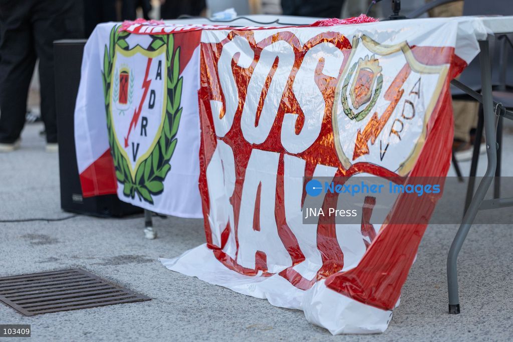 MADRID, SPAIN, OCTOBER 9, 2026: Representatives of Rayo Vallecano supporters’ groups hold a press conference at Parque Juan Jose Garcia Espartero in Madrid under the slogan “SOS Rayo – Salvemos al Rayo” (Save Rayo), raising concerns about the football club’s current situation and calling for measures to protect its future. Jota Vaquerizo and representatives of the Federacion de Penas and Plataforma ADRV participated in the event, highlighting supporters’ demands and their campaign for the club. Photo by Adrian Duran / JNA Press. (Photo by Adrián Durán Mediano/JNA Press via Nexpher Images)