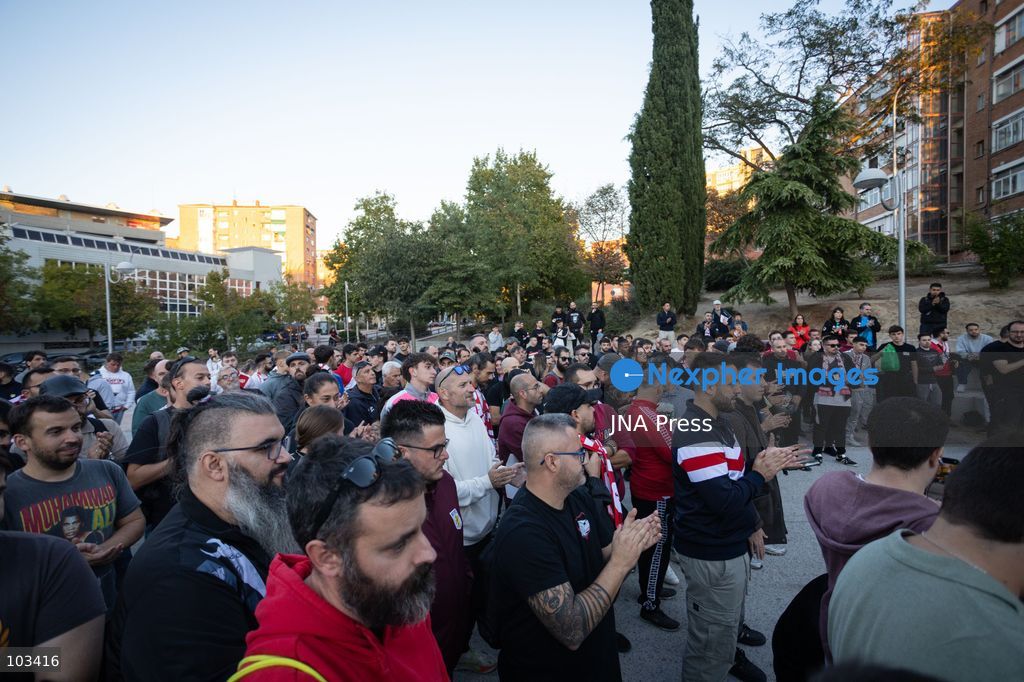 MADRID, SPAIN, OCTOBER 9, 2026: Representatives of Rayo Vallecano supporters’ groups hold a press conference at Parque Juan Jose Garcia Espartero in Madrid under the slogan “SOS Rayo – Salvemos al Rayo” (Save Rayo), raising concerns about the football club’s current situation and calling for measures to protect its future. Jota Vaquerizo and representatives of the Federacion de Penas and Plataforma ADRV participated in the event, highlighting supporters’ demands and their campaign for the club. Photo by Adrian Duran / JNA Press. (Photo by Adrián Durán Mediano/JNA Press via Nexpher Images)