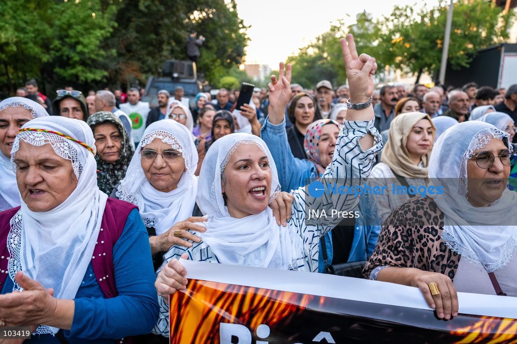DIYARBAKIR, TURKEY, OCTOBER 9, 2026: Supporters of the Peoples’ Equality and Democracy Party (DEM Party) and the Platform of Democratic Institutions march through Diyarbakir under the slogan “Status, Peace, Freedom,” marking the 28th anniversary of PKK leader Abdullah Ocalan’s expulsion from Syria on October 9, 1998. Addressing participants after the march, DEM Party lawmaker Serhat Eren described Ocalan’s expulsion as an “international conspiracy.” Photo by Ardil Batmaz / JNA Press (Photo by Ardıl Batmaz/JNA Press via Nexpher Images)