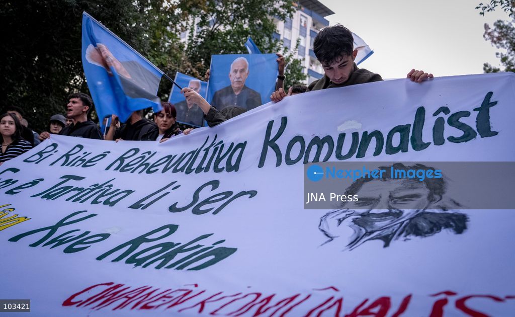 DIYARBAKIR, TURKEY, OCTOBER 9, 2026: Supporters of the Peoples’ Equality and Democracy Party (DEM Party) and the Platform of Democratic Institutions march through Diyarbakir under the slogan “Status, Peace, Freedom,” marking the 28th anniversary of PKK leader Abdullah Ocalan’s expulsion from Syria on October 9, 1998. Addressing participants after the march, DEM Party lawmaker Serhat Eren described Ocalan’s expulsion as an “international conspiracy.” Photo by Ardil Batmaz / JNA Press (Photo by Ardıl Batmaz/JNA Press via Nexpher Images)