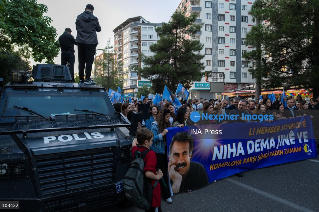 DIYARBAKIR, TURKEY, OCTOBER 9, 2026: Supporters of the Peoples’ Equality and Democracy Party (DEM Party) and the Platform of Democratic Institutions march through Diyarbakir under the slogan “Status, Peace, Freedom,” marking the 28th anniversary of PKK leader Abdullah Ocalan’s expulsion from Syria on October 9, 1998. Addressing participants after the march, DEM Party lawmaker Serhat Eren described Ocalan’s expulsion as an “international conspiracy.” Photo by Ardil Batmaz / JNA Press (Photo by Ardıl Batmaz/JNA Press via Nexpher Images)