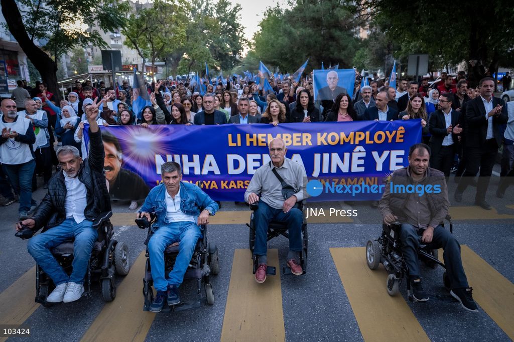 DIYARBAKIR, TURKEY, OCTOBER 9, 2026: Supporters of the Peoples’ Equality and Democracy Party (DEM Party) and the Platform of Democratic Institutions march through Diyarbakir under the slogan “Status, Peace, Freedom,” marking the 28th anniversary of PKK leader Abdullah Ocalan’s expulsion from Syria on October 9, 1998. Addressing participants after the march, DEM Party lawmaker Serhat Eren described Ocalan’s expulsion as an “international conspiracy.” Photo by Ardil Batmaz / JNA Press (Photo by Ardıl Batmaz/JNA Press via Nexpher Images)