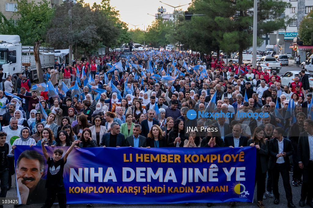DIYARBAKIR, TURKEY, OCTOBER 9, 2026: Supporters of the Peoples’ Equality and Democracy Party (DEM Party) and the Platform of Democratic Institutions march through Diyarbakir under the slogan “Status, Peace, Freedom,” marking the 28th anniversary of PKK leader Abdullah Ocalan’s expulsion from Syria on October 9, 1998. Addressing participants after the march, DEM Party lawmaker Serhat Eren described Ocalan’s expulsion as an “international conspiracy.” Photo by Ardil Batmaz / JNA Press (Photo by Ardıl Batmaz/JNA Press via Nexpher Images)