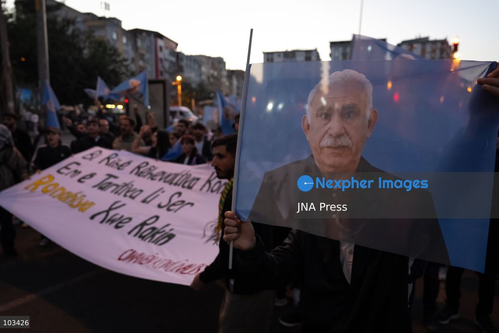 DIYARBAKIR, TURKEY, OCTOBER 9, 2026: Supporters of the Peoples’ Equality and Democracy Party (DEM Party) and the Platform of Democratic Institutions march through Diyarbakir under the slogan “Status, Peace, Freedom,” marking the 28th anniversary of PKK leader Abdullah Ocalan’s expulsion from Syria on October 9, 1998. Addressing participants after the march, DEM Party lawmaker Serhat Eren described Ocalan’s expulsion as an “international conspiracy.” Photo by Ardil Batmaz / JNA Press (Photo by Ardıl Batmaz/JNA Press via Nexpher Images)
