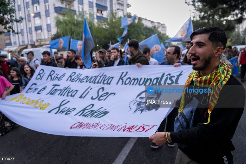 DIYARBAKIR, TURKEY, OCTOBER 9, 2026: Supporters of the Peoples’ Equality and Democracy Party (DEM Party) and the Platform of Democratic Institutions march through Diyarbakir under the slogan “Status, Peace, Freedom,” marking the 28th anniversary of PKK leader Abdullah Ocalan’s expulsion from Syria on October 9, 1998. Addressing participants after the march, DEM Party lawmaker Serhat Eren described Ocalan’s expulsion as an “international conspiracy.” Photo by Ardil Batmaz / JNA Press (Photo by Ardıl Batmaz/JNA Press via Nexpher Images)