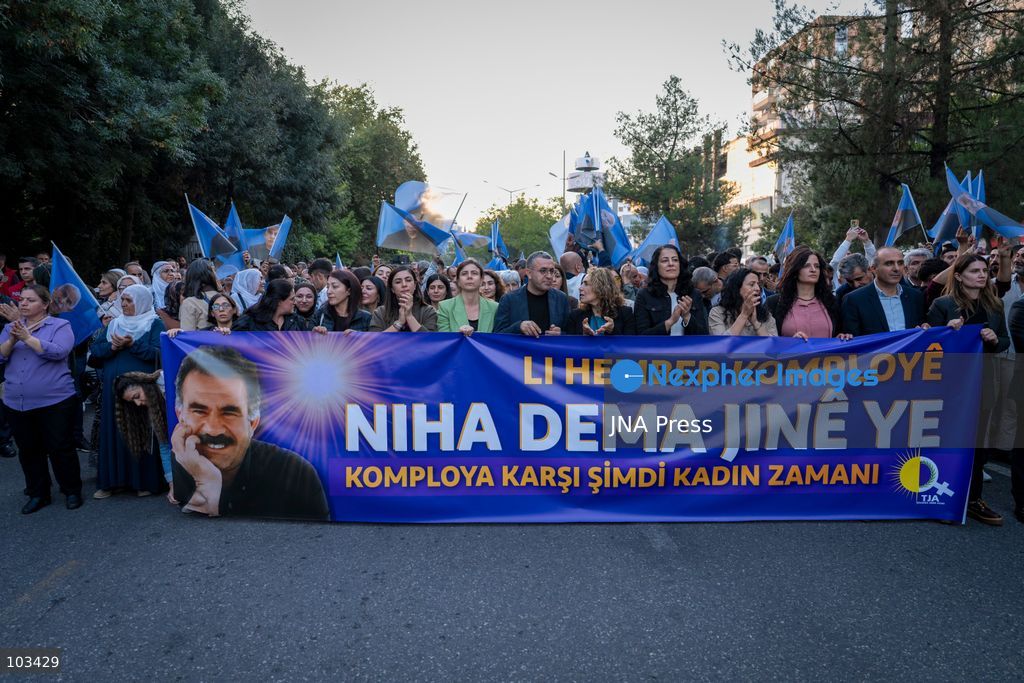 DIYARBAKIR, TURKEY, OCTOBER 9, 2026: Supporters of the Peoples’ Equality and Democracy Party (DEM Party) and the Platform of Democratic Institutions march through Diyarbakir under the slogan “Status, Peace, Freedom,” marking the 28th anniversary of PKK leader Abdullah Ocalan’s expulsion from Syria on October 9, 1998. Addressing participants after the march, DEM Party lawmaker Serhat Eren described Ocalan’s expulsion as an “international conspiracy.” Photo by Ardil Batmaz / JNA Press (Photo by Ardıl Batmaz/JNA Press via Nexpher Images)