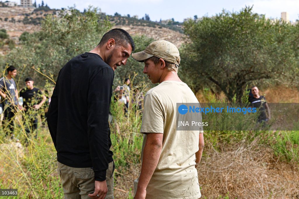 DEIR IBZI, OCCUPIED WEST BANK, OCTOBER 9, 2026: Israeli settlers confront Palestinian farmers, international activists and journalists during the annual olive harvest in the village of Deir Ibzi, west of Ramallah. According to the photographer, settlers attacked and harassed those accompanying the farmers, used pepper spray and prevented residents from completing the harvest on their agricultural land. The incident occurred during the olive harvest season, an important source of income for Palestinian farming communities in the occupied West Bank. Photo by Salman Mohsen Alkhatib / JNA Press (Photo by Salman Mohsen Alkhatib/JNA Press via Nexpher Images)