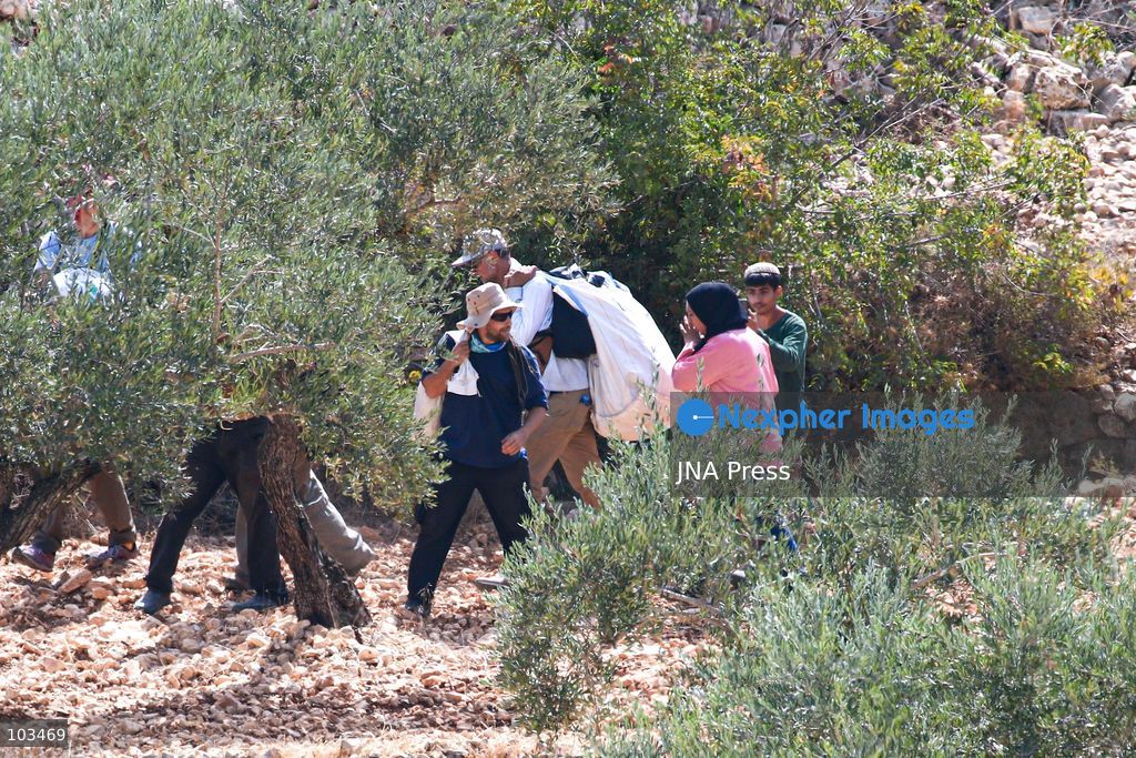 DEIR IBZI, OCCUPIED WEST BANK, OCTOBER 9, 2026: Israeli settlers confront Palestinian farmers, international activists and journalists during the annual olive harvest in the village of Deir Ibzi, west of Ramallah. According to the photographer, settlers attacked and harassed those accompanying the farmers, used pepper spray and prevented residents from completing the harvest on their agricultural land. The incident occurred during the olive harvest season, an important source of income for Palestinian farming communities in the occupied West Bank. Photo by Salman Mohsen Alkhatib / JNA Press (Photo by Salman Mohsen Alkhatib/JNA Press via Nexpher Images)