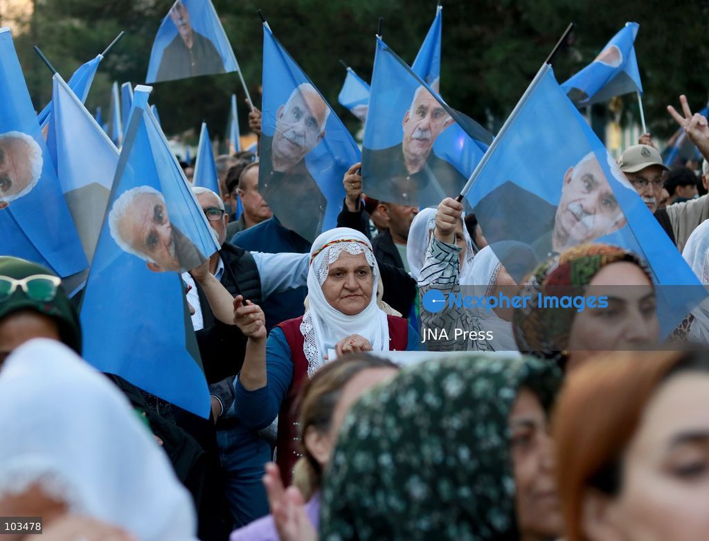 DIYARBAKIR, TURKEY, OCTOBER 9, 2026: Hundreds of demonstrators march through Diyarbakir during a protest organized by the pro-Kurdish DEM Party, calling for the release of imprisoned Kurdistan Workers’ Party (PKK) leader Abdullah Ocalan. Participants carried banners and chanted slogans demanding his freedom amid ongoing efforts to advance a peace process between the Turkish government and the PKK following the group’s announcement that it would lay down its arms. Photo by Ensar Ozdemir / JNA Press. (Photo by Ensar Ozdemir/JNA Press via Nexpher Images)