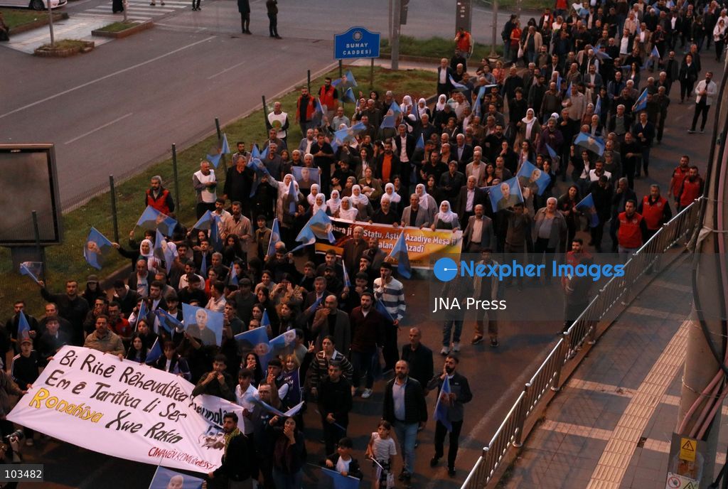 DIYARBAKIR, TURKEY, OCTOBER 9, 2026: Hundreds of demonstrators march through Diyarbakir during a protest organized by the pro-Kurdish DEM Party, calling for the release of imprisoned Kurdistan Workers’ Party (PKK) leader Abdullah Ocalan. Participants carried banners and chanted slogans demanding his freedom amid ongoing efforts to advance a peace process between the Turkish government and the PKK following the group’s announcement that it would lay down its arms. Photo by Ensar Ozdemir / JNA Press. (Photo by Ensar Ozdemir/JNA Press via Nexpher Images)