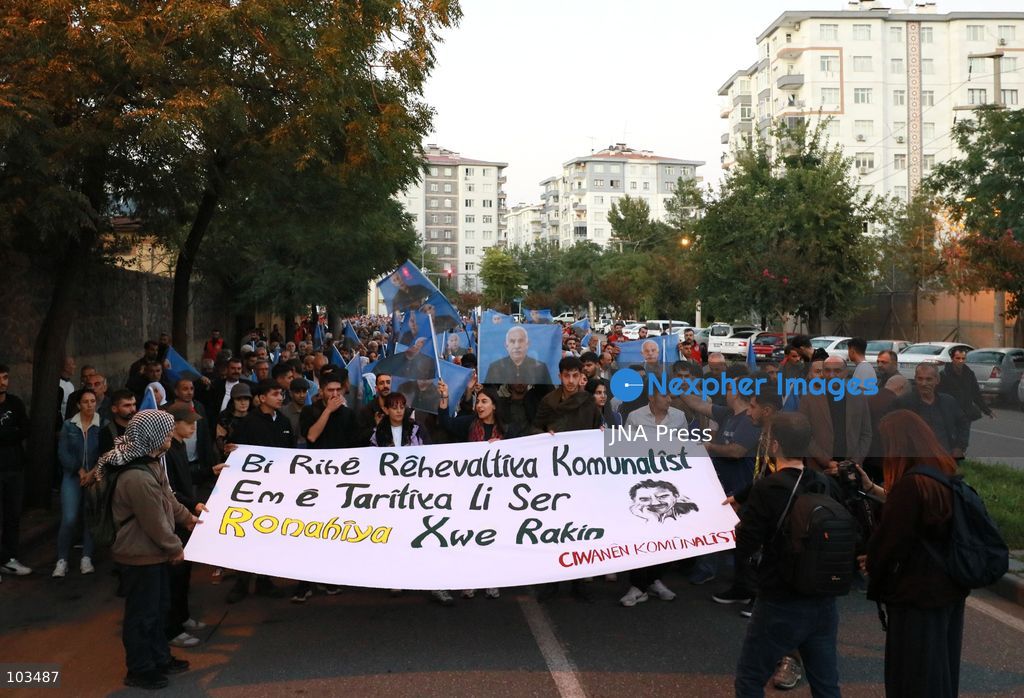 DIYARBAKIR, TURKEY, OCTOBER 9, 2026: Hundreds of demonstrators march through Diyarbakir during a protest organized by the pro-Kurdish DEM Party, calling for the release of imprisoned Kurdistan Workers’ Party (PKK) leader Abdullah Ocalan. Participants carried banners and chanted slogans demanding his freedom amid ongoing efforts to advance a peace process between the Turkish government and the PKK following the group’s announcement that it would lay down its arms. Photo by Ensar Ozdemir / JNA Press. (Photo by Ensar Ozdemir/JNA Press via Nexpher Images)