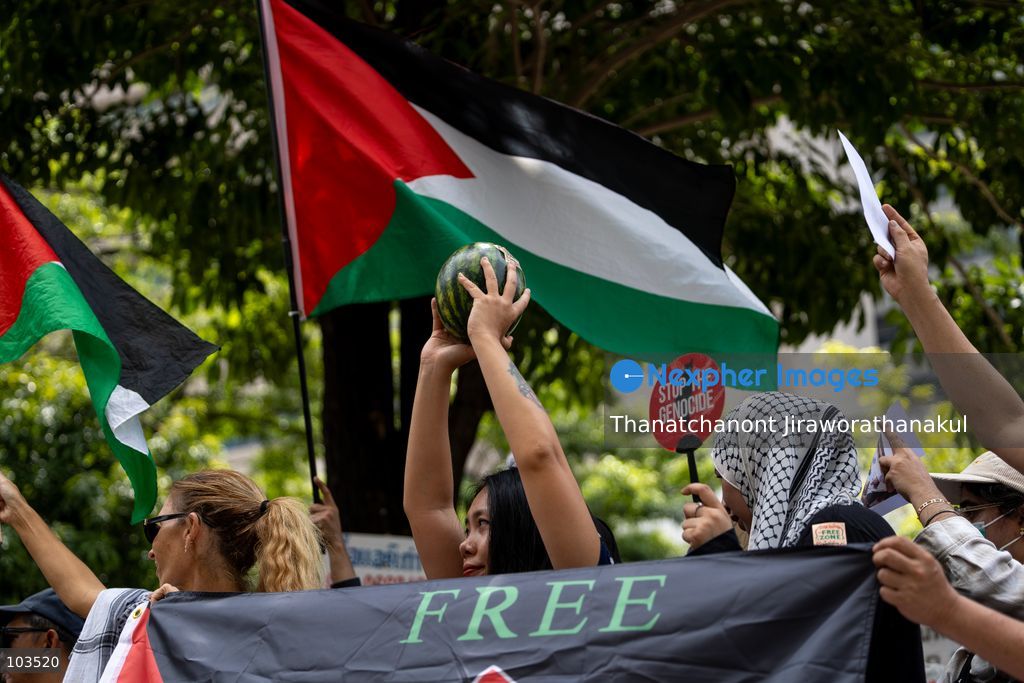 BANGKOK, THAILAND — October 10, 2026: A demonstration concerning the situation in Palestine and Lebanon was scheduled to take place outside the Embassy of Israel in Bangkok, Thailand. The event announcement listed Watermelon Wednesdays Bangkok as the organizer and scheduled the gathering from 10:00 a.m. to 12:00 p.m. local time. (Photo by Thanatchanont Jiraworathanakul/Nexpher Images)