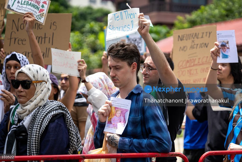 BANGKOK, THAILAND — October 10, 2026: A demonstration concerning the situation in Palestine and Lebanon was scheduled to take place outside the Embassy of Israel in Bangkok, Thailand. The event announcement listed Watermelon Wednesdays Bangkok as the organizer and scheduled the gathering from 10:00 a.m. to 12:00 p.m. local time. (Photo by Thanatchanont Jiraworathanakul/Nexpher Images)