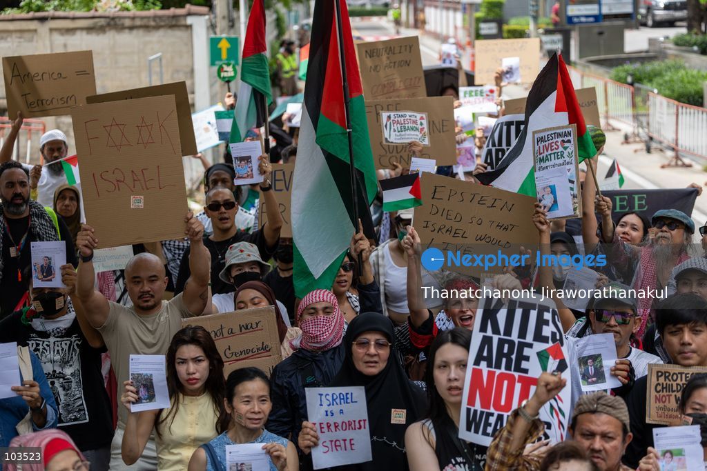 BANGKOK, THAILAND — October 10, 2026: A demonstration concerning the situation in Palestine and Lebanon was scheduled to take place outside the Embassy of Israel in Bangkok, Thailand. The event announcement listed Watermelon Wednesdays Bangkok as the organizer and scheduled the gathering from 10:00 a.m. to 12:00 p.m. local time. (Photo by Thanatchanont Jiraworathanakul/Nexpher Images)