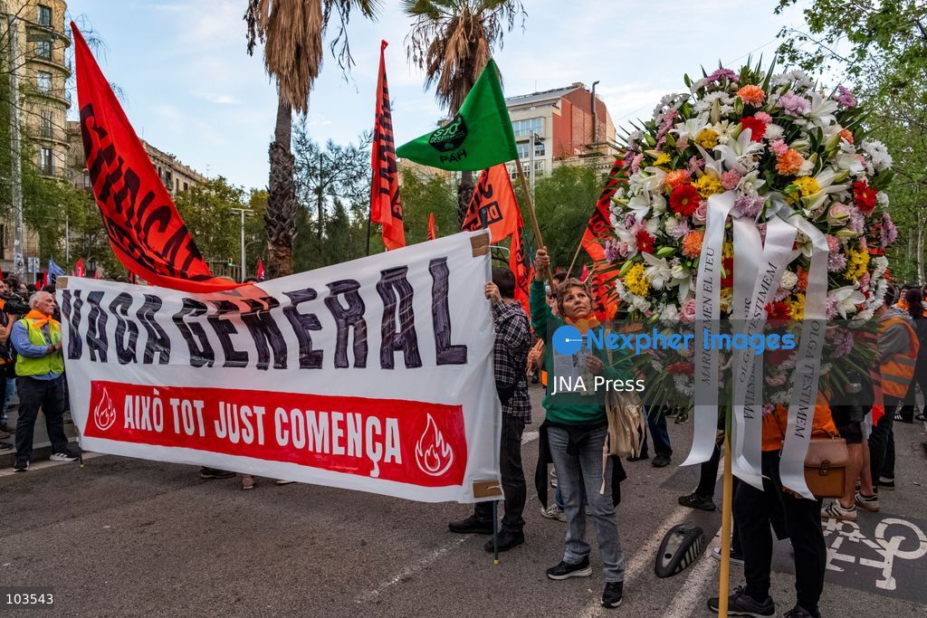 BARCELONA, SPAIN, OCTOBER 9, 2026: Thousands of housing rights protesters march through central Barcelona demanding stronger protections against evictions and calling for a general strike on November 11. The demonstration, organized by housing unions and activist groups, drew approximately 3,000 participants according to local police, while organizers estimated 15,000. Demonstrators observed a minute of silence in memory of Maricarmen Abascal, an 87-year-old woman who died following her eviction in Madrid, and Olga Matute and Javier, who died by suicide after being evicted in L'Hospitalet de Llobregat. The march began at Placa Universitat and continued through the city center. Photo by Miguel Galmés / JNA Press. (Photo by Miguel GalmÃ©s/JNA Press via Nexpher Images)