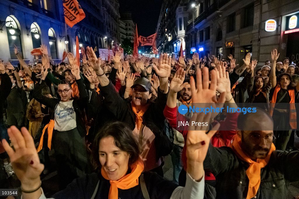 BARCELONA, SPAIN, OCTOBER 9, 2026: Thousands of housing rights protesters march through central Barcelona demanding stronger protections against evictions and calling for a general strike on November 11. The demonstration, organized by housing unions and activist groups, drew approximately 3,000 participants according to local police, while organizers estimated 15,000. Demonstrators observed a minute of silence in memory of Maricarmen Abascal, an 87-year-old woman who died following her eviction in Madrid, and Olga Matute and Javier, who died by suicide after being evicted in L'Hospitalet de Llobregat. The march began at Placa Universitat and continued through the city center. Photo by Miguel Galmés / JNA Press. (Photo by Miguel GalmÃ©s/JNA Press via Nexpher Images)