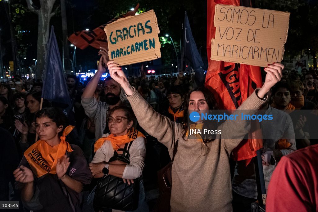 BARCELONA, SPAIN, OCTOBER 9, 2026: Thousands of housing rights protesters march through central Barcelona demanding stronger protections against evictions and calling for a general strike on November 11. The demonstration, organized by housing unions and activist groups, drew approximately 3,000 participants according to local police, while organizers estimated 15,000. Demonstrators observed a minute of silence in memory of Maricarmen Abascal, an 87-year-old woman who died following her eviction in Madrid, and Olga Matute and Javier, who died by suicide after being evicted in L'Hospitalet de Llobregat. The march began at Placa Universitat and continued through the city center. Photo by Miguel Galmés / JNA Press. (Photo by Miguel Galmés/JNA Press via Nexpher Images)