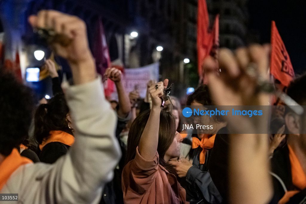 BARCELONA, SPAIN, OCTOBER 9, 2026: Thousands of housing rights protesters march through central Barcelona demanding stronger protections against evictions and calling for a general strike on November 11. The demonstration, organized by housing unions and activist groups, drew approximately 3,000 participants according to local police, while organizers estimated 15,000. Demonstrators observed a minute of silence in memory of Maricarmen Abascal, an 87-year-old woman who died following her eviction in Madrid, and Olga Matute and Javier, who died by suicide after being evicted in L'Hospitalet de Llobregat. The march began at Placa Universitat and continued through the city center. Photo by Miguel Galmés / JNA Press. (Photo by Miguel GalmÃ©s/JNA Press via Nexpher Images)
