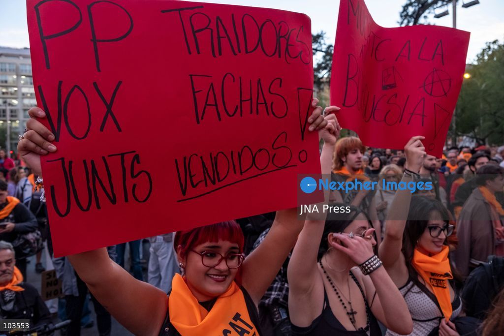 BARCELONA, SPAIN, OCTOBER 9, 2026: Thousands of housing rights protesters march through central Barcelona demanding stronger protections against evictions and calling for a general strike on November 11. The demonstration, organized by housing unions and activist groups, drew approximately 3,000 participants according to local police, while organizers estimated 15,000. Demonstrators observed a minute of silence in memory of Maricarmen Abascal, an 87-year-old woman who died following her eviction in Madrid, and Olga Matute and Javier, who died by suicide after being evicted in L'Hospitalet de Llobregat. The march began at Placa Universitat and continued through the city center. Photo by Miguel Galmés / JNA Press. (Photo by Miguel Galmés/JNA Press via Nexpher Images)