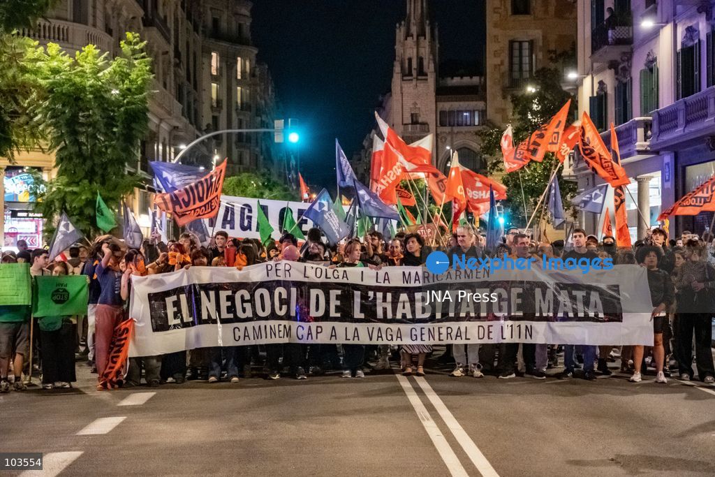 BARCELONA, SPAIN, OCTOBER 9, 2026: Thousands of housing rights protesters march through central Barcelona demanding stronger protections against evictions and calling for a general strike on November 11. The demonstration, organized by housing unions and activist groups, drew approximately 3,000 participants according to local police, while organizers estimated 15,000. Demonstrators observed a minute of silence in memory of Maricarmen Abascal, an 87-year-old woman who died following her eviction in Madrid, and Olga Matute and Javier, who died by suicide after being evicted in L'Hospitalet de Llobregat. The march began at Placa Universitat and continued through the city center. Photo by Miguel Galmés / JNA Press. (Photo by Miguel GalmÃ©s/JNA Press via Nexpher Images)