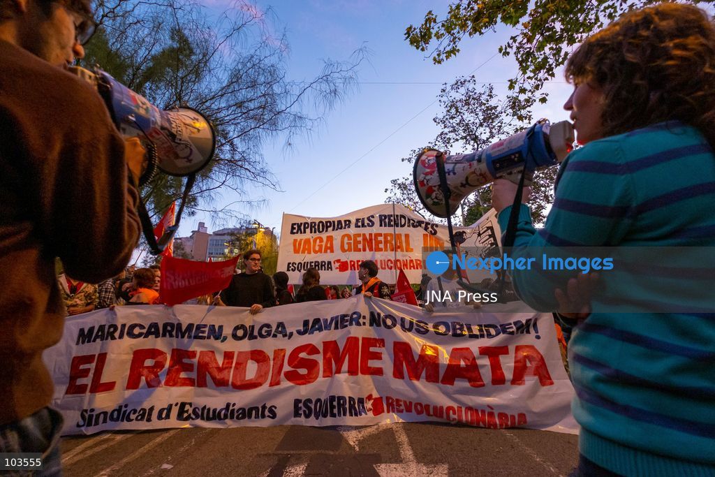 BARCELONA, SPAIN, OCTOBER 9, 2026: Thousands of housing rights protesters march through central Barcelona demanding stronger protections against evictions and calling for a general strike on November 11. The demonstration, organized by housing unions and activist groups, drew approximately 3,000 participants according to local police, while organizers estimated 15,000. Demonstrators observed a minute of silence in memory of Maricarmen Abascal, an 87-year-old woman who died following her eviction in Madrid, and Olga Matute and Javier, who died by suicide after being evicted in L'Hospitalet de Llobregat. The march began at Placa Universitat and continued through the city center. Photo by Miguel Galmés / JNA Press. (Photo by Miguel GalmÃ©s/JNA Press via Nexpher Images)