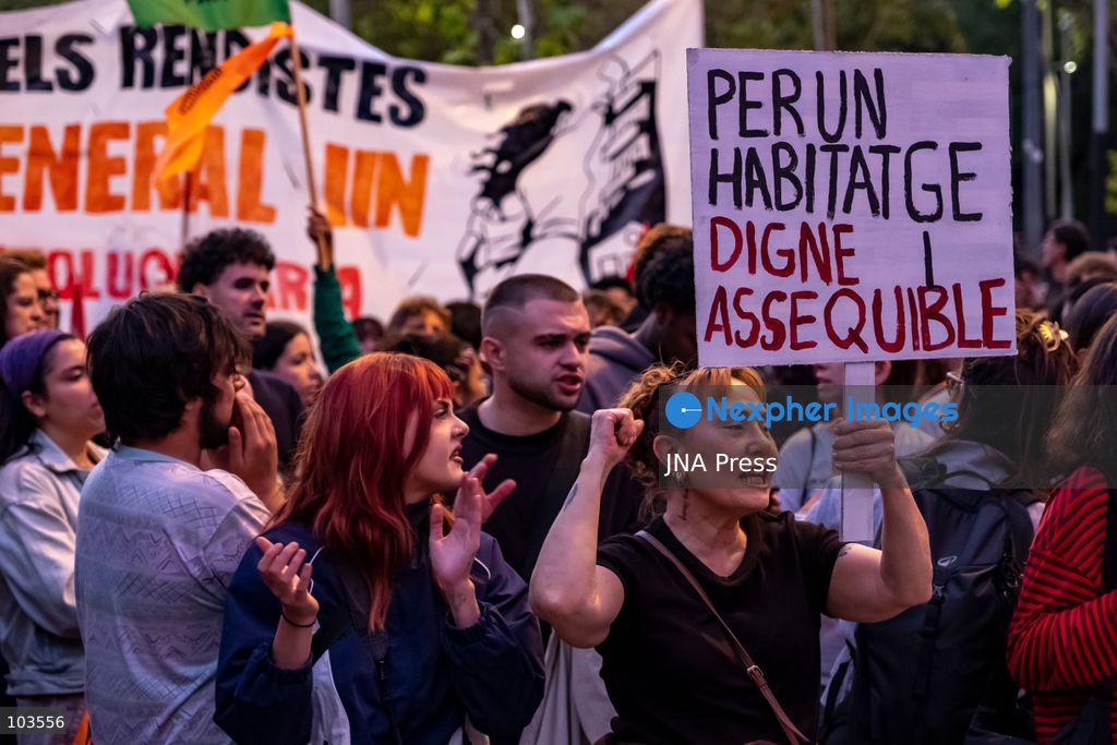 BARCELONA, SPAIN, OCTOBER 9, 2026: Thousands of housing rights protesters march through central Barcelona demanding stronger protections against evictions and calling for a general strike on November 11. The demonstration, organized by housing unions and activist groups, drew approximately 3,000 participants according to local police, while organizers estimated 15,000. Demonstrators observed a minute of silence in memory of Maricarmen Abascal, an 87-year-old woman who died following her eviction in Madrid, and Olga Matute and Javier, who died by suicide after being evicted in L'Hospitalet de Llobregat. The march began at Placa Universitat and continued through the city center. Photo by Miguel Galmés / JNA Press. (Photo by Miguel GalmÃ©s/JNA Press via Nexpher Images)