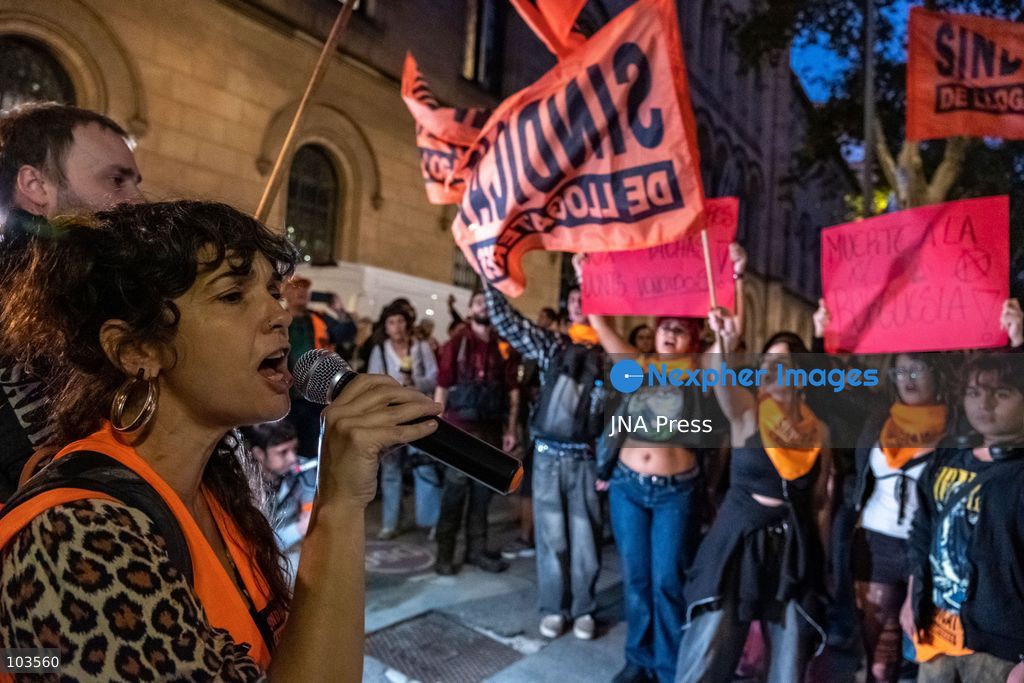 BARCELONA, SPAIN, OCTOBER 9, 2026: Thousands of housing rights protesters march through central Barcelona demanding stronger protections against evictions and calling for a general strike on November 11. The demonstration, organized by housing unions and activist groups, drew approximately 3,000 participants according to local police, while organizers estimated 15,000. Demonstrators observed a minute of silence in memory of Maricarmen Abascal, an 87-year-old woman who died following her eviction in Madrid, and Olga Matute and Javier, who died by suicide after being evicted in L'Hospitalet de Llobregat. The march began at Placa Universitat and continued through the city center. Photo by Miguel Galmés / JNA Press. (Photo by Miguel GalmÃ©s/JNA Press via Nexpher Images)