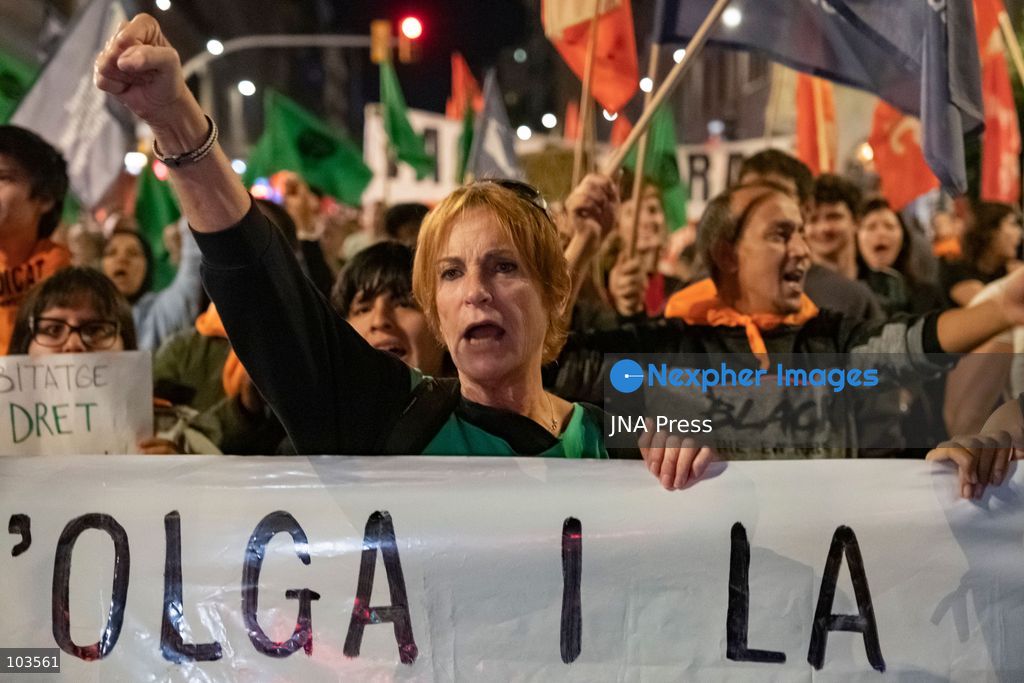 BARCELONA, SPAIN, OCTOBER 9, 2026: Thousands of housing rights protesters march through central Barcelona demanding stronger protections against evictions and calling for a general strike on November 11. The demonstration, organized by housing unions and activist groups, drew approximately 3,000 participants according to local police, while organizers estimated 15,000. Demonstrators observed a minute of silence in memory of Maricarmen Abascal, an 87-year-old woman who died following her eviction in Madrid, and Olga Matute and Javier, who died by suicide after being evicted in L'Hospitalet de Llobregat. The march began at Placa Universitat and continued through the city center. Photo by Miguel Galmés / JNA Press. (Photo by Miguel Galmés/JNA Press via Nexpher Images)