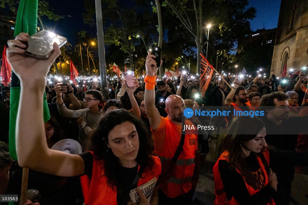 BARCELONA, SPAIN, OCTOBER 9, 2026: Thousands of housing rights protesters march through central Barcelona demanding stronger protections against evictions and calling for a general strike on November 11. The demonstration, organized by housing unions and activist groups, drew approximately 3,000 participants according to local police, while organizers estimated 15,000. Demonstrators observed a minute of silence in memory of Maricarmen Abascal, an 87-year-old woman who died following her eviction in Madrid, and Olga Matute and Javier, who died by suicide after being evicted in L'Hospitalet de Llobregat. The march began at Placa Universitat and continued through the city center. Photo by Miguel Galmés / JNA Press. (Photo by Miguel Galmés/JNA Press via Nexpher Images)